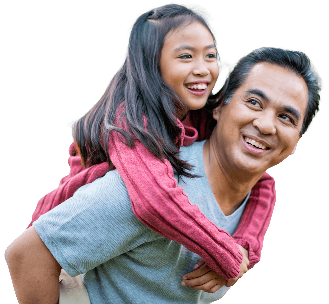 a little girl riding on her father's back