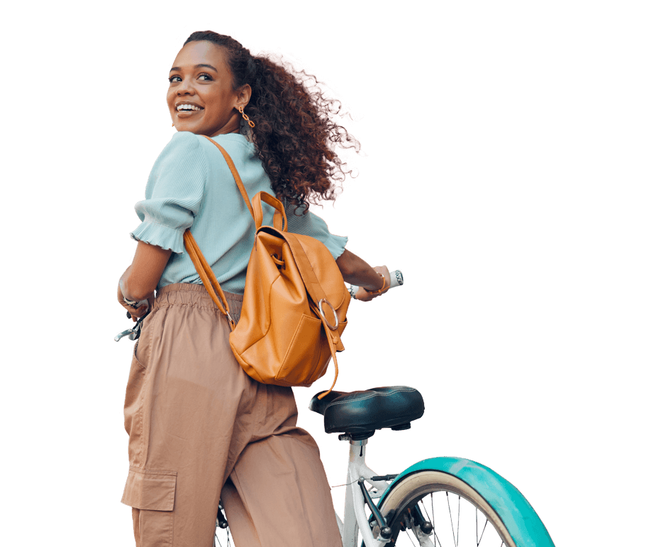 Woman looking backward with a bike